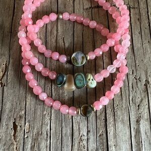 Pink Beaded Stretch Bracelet Set with abalone hear